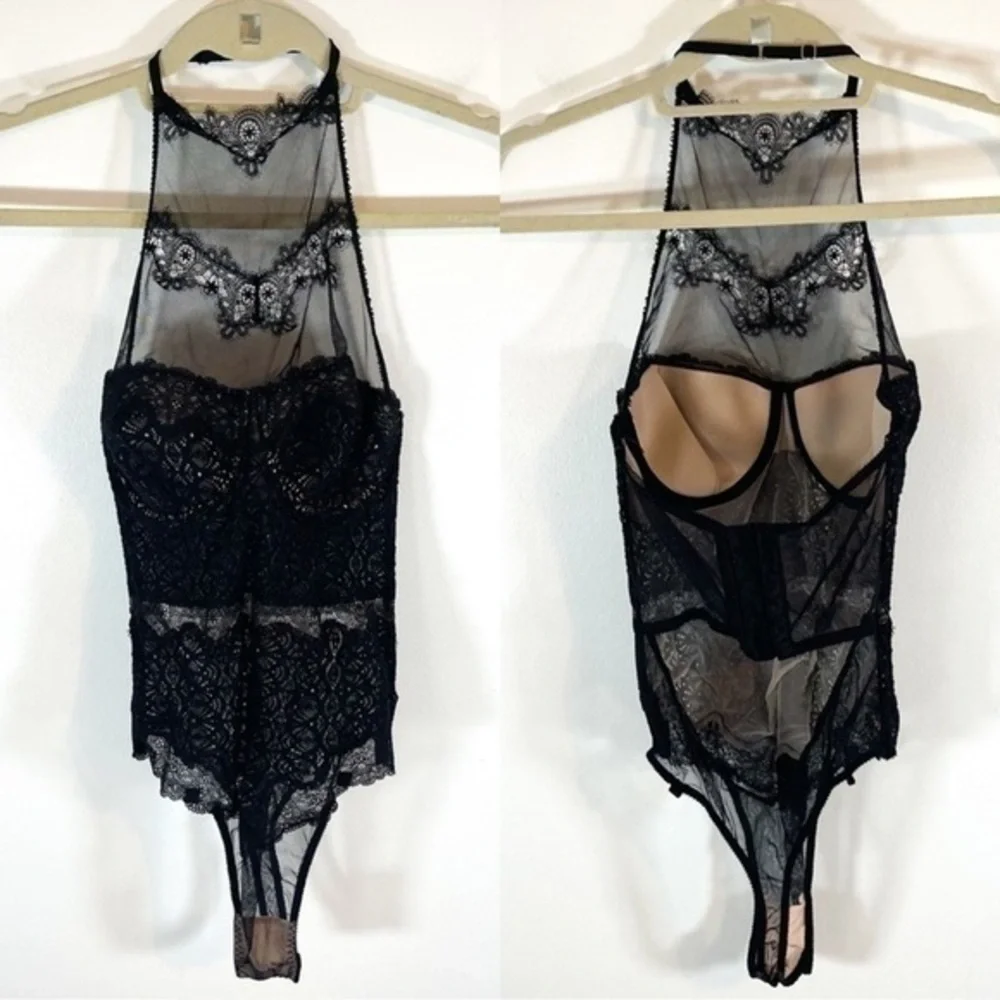 Victoria's Secret Women's Black and Cream Corset Halter Sheer Lace w garters